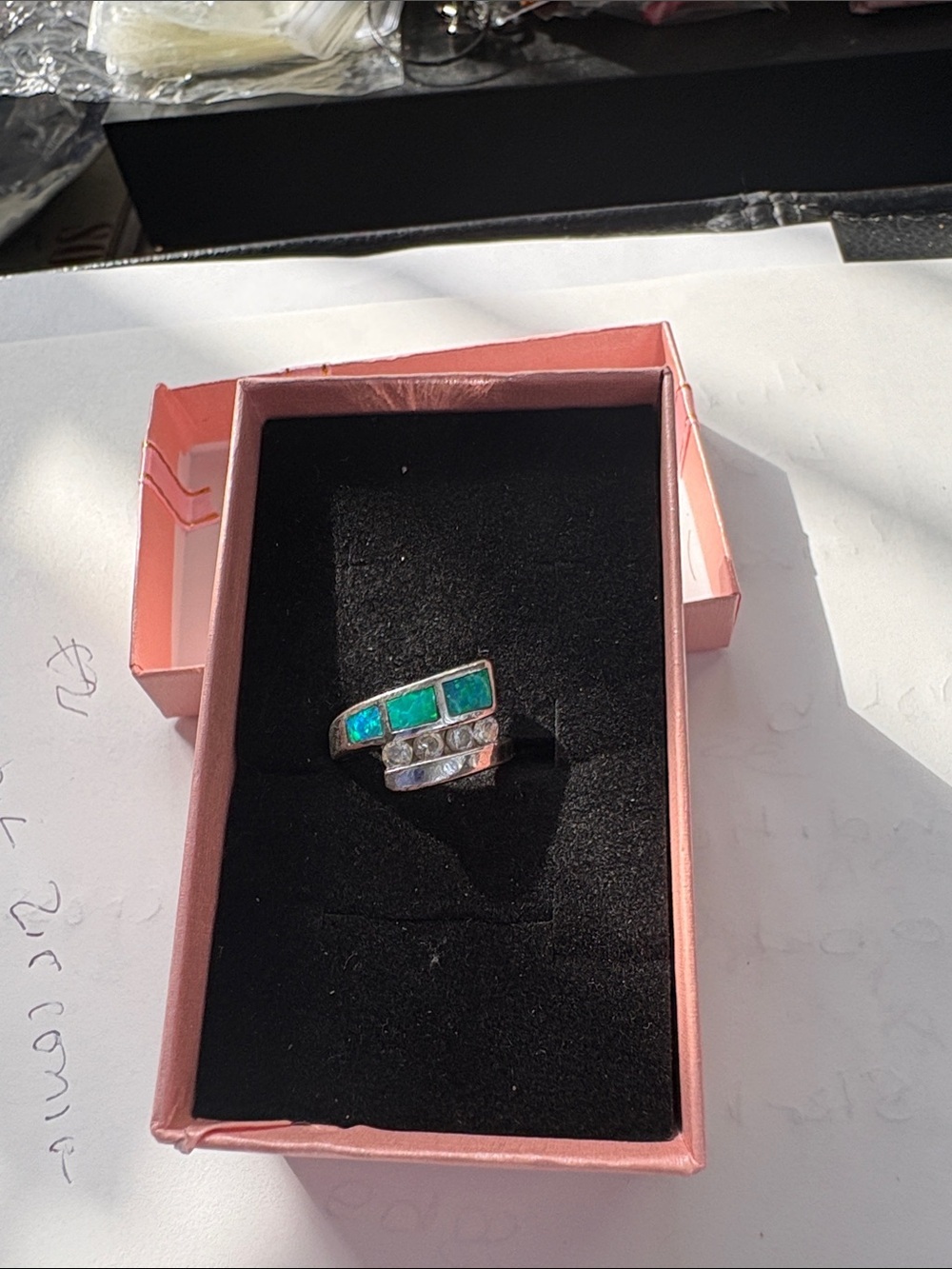 Vintage 925 Sterling Ring with Green/Blue Opal Inlay and Cubic Zirconia Ring - Picture 3 of 7